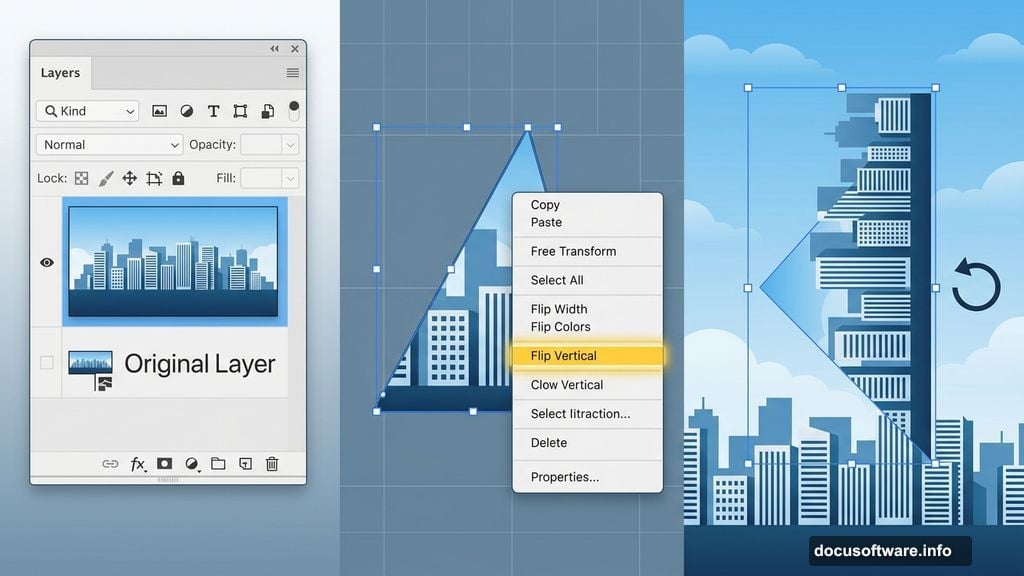 Free Transform Flip Vertical rotates cityscape into Inception-style wall