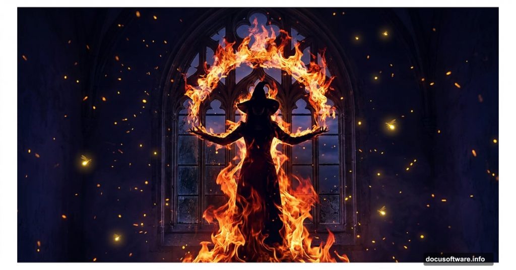 Silhouetted witch figure engulfed in flames before Gothic arched window