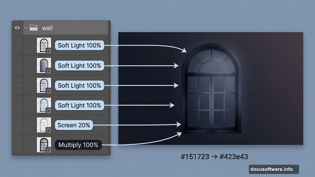 Multiply, Screen, and Soft Light blending modes building dark atmospheric wall