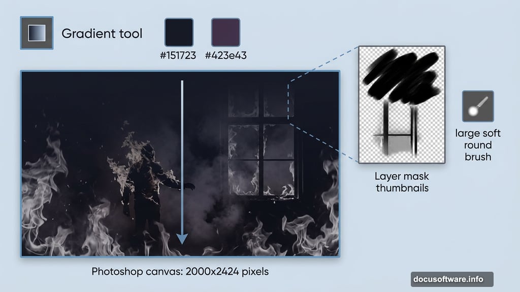 Layer mask with soft round brush gradually masking fenestra window background