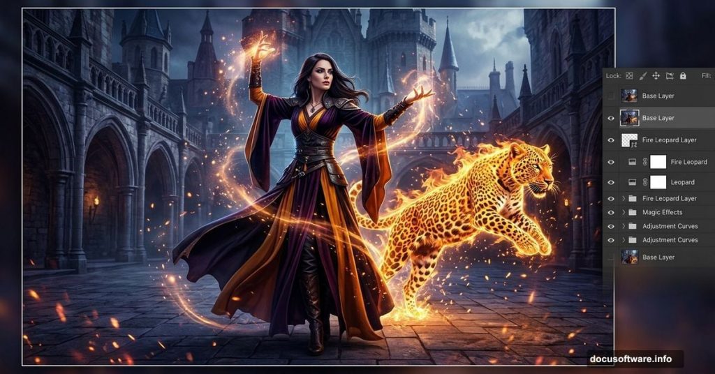 Magician woman with glowing fire leopard in Photoshop compositing scene