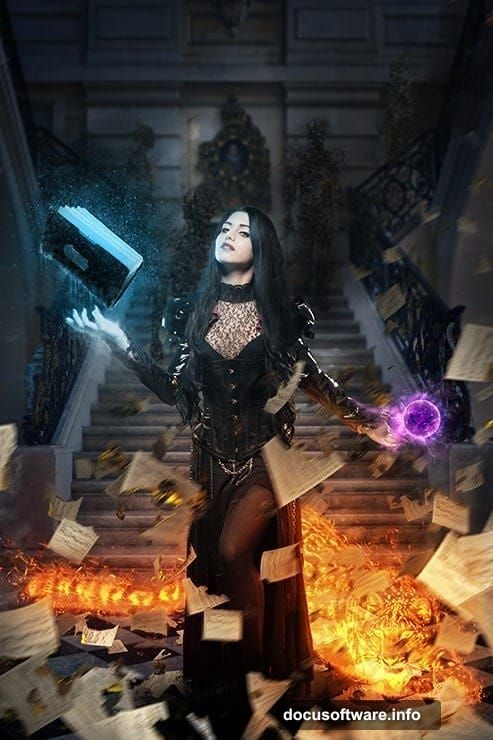 Photo compositing combines separate stock images into one magician scene