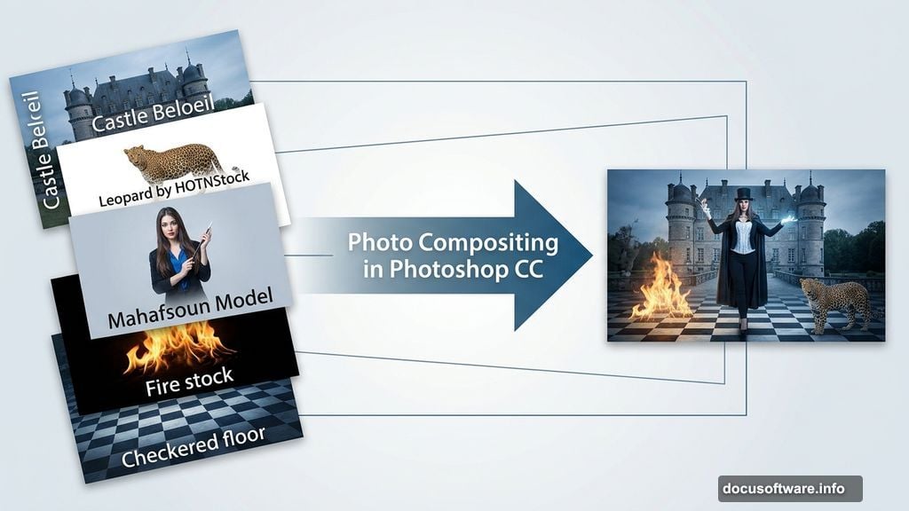Photo compositing merges separate resource layers into one magician scene