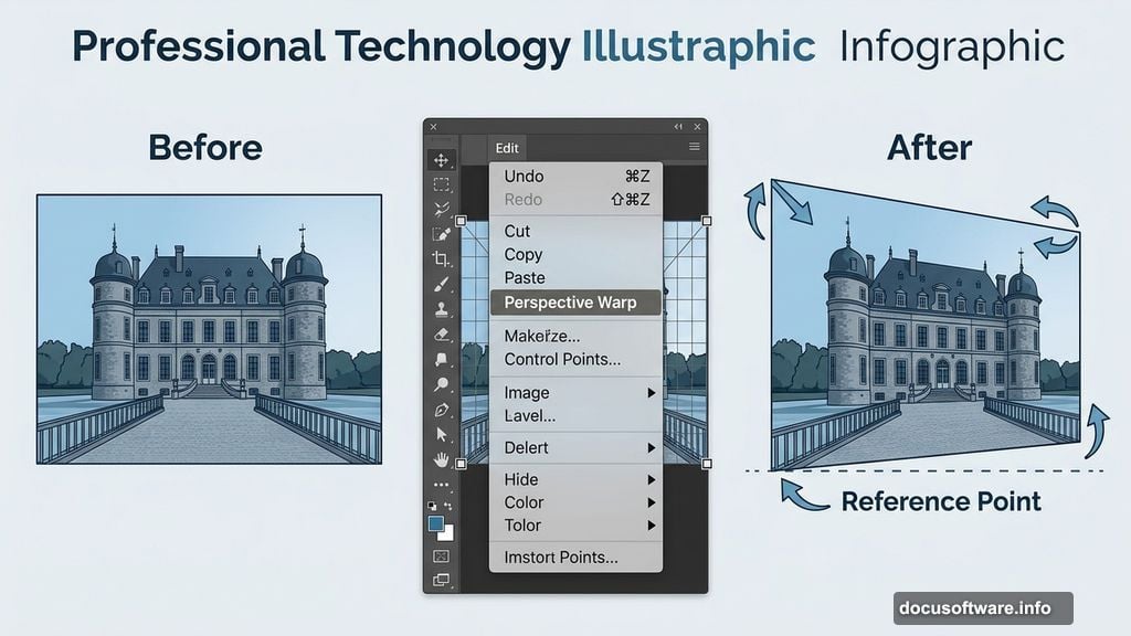 Perspective Warp tool corrects castle railings alignment using corner points