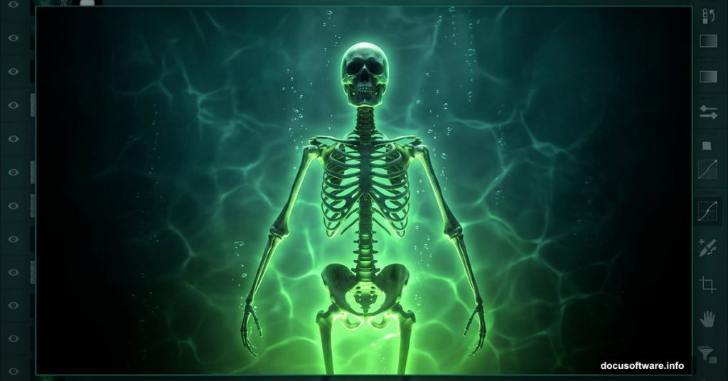 Glowing skeleton submerged in eerie radioactive green toxic water