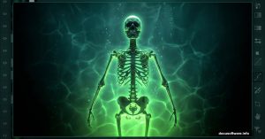 Glowing skeleton submerged in eerie radioactive green toxic water