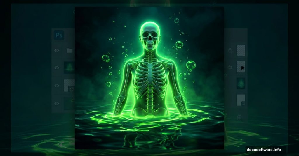 Glowing skeletal figure submerged in eerie radioactive green water
