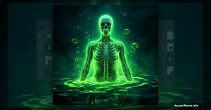 Glowing skeletal figure submerged in eerie radioactive green water