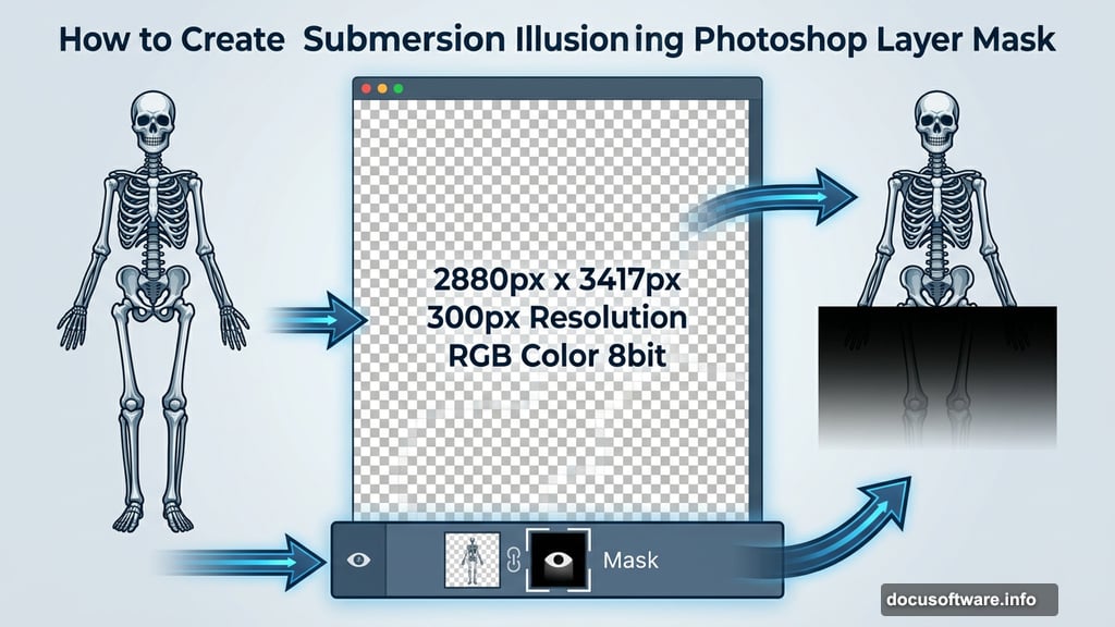 Skeleton Woman masked in Photoshop canvas to simulate underwater submersion