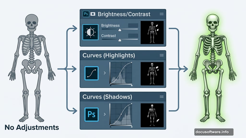 Curves and Brightness adjustment layers add dimension to skeleton figure
