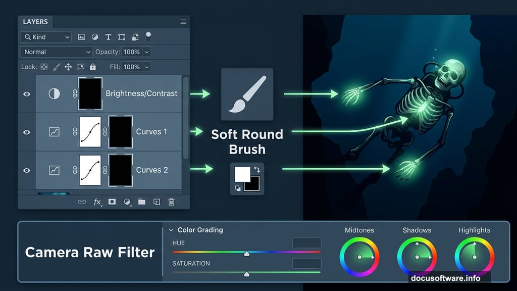 Curves and Brightness adjustment layers with Camera Raw green color grade