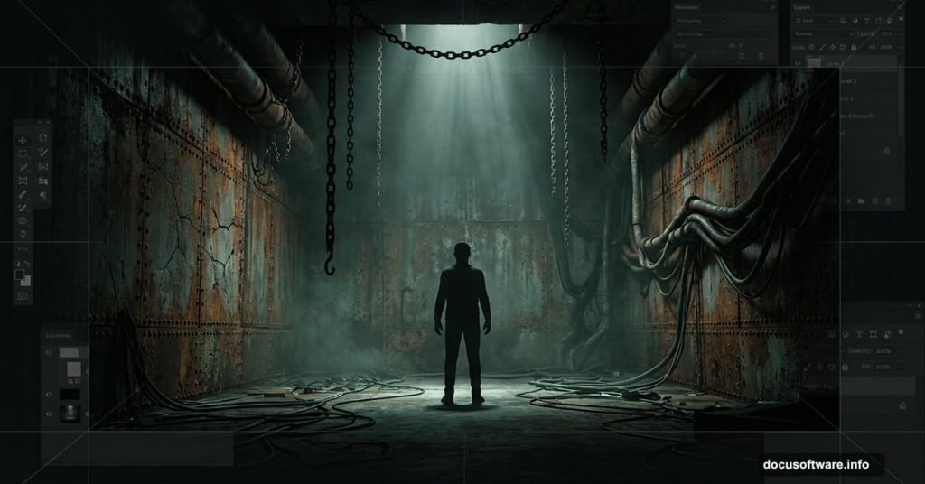 Creepy surreal 3D industrial room with chained figure built in Photoshop