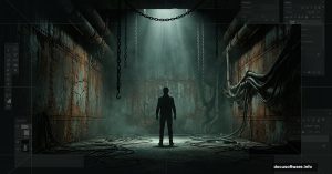 Creepy surreal 3D industrial room with chained figure built in Photoshop