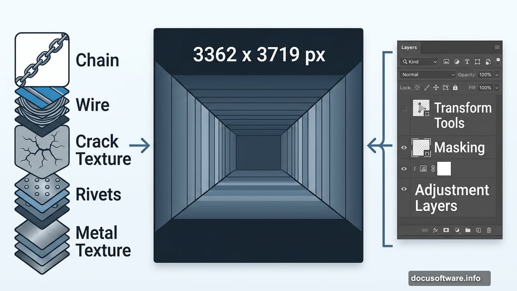 Perspective 3D room built with chains pipes metal textures in Photoshop