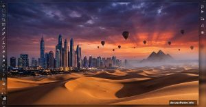Surreal desert cityscape Photoshop manipulation with twilight sky and balloons