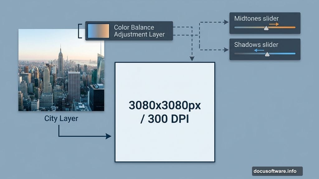 Photoshop canvas setup with city layer and Color Balance adjustment layer