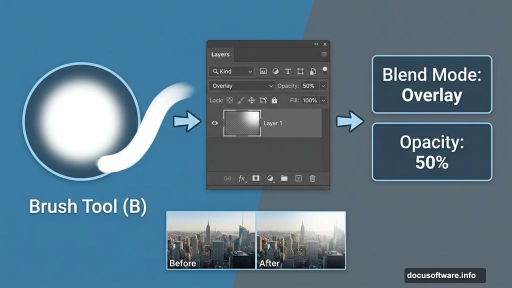 Overlay blend mode light source painted with Soft Round brush at fifty percent opacity