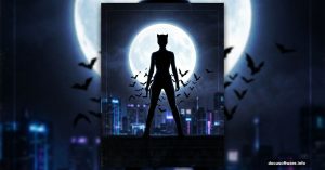 Dramatic Catwoman silhouette against glowing moon over dark city skyline