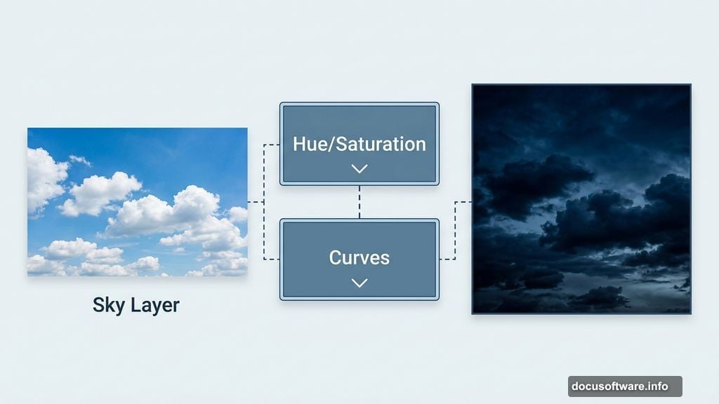 Hue/Saturation and Curves adjustment layers create dark nighttime sky