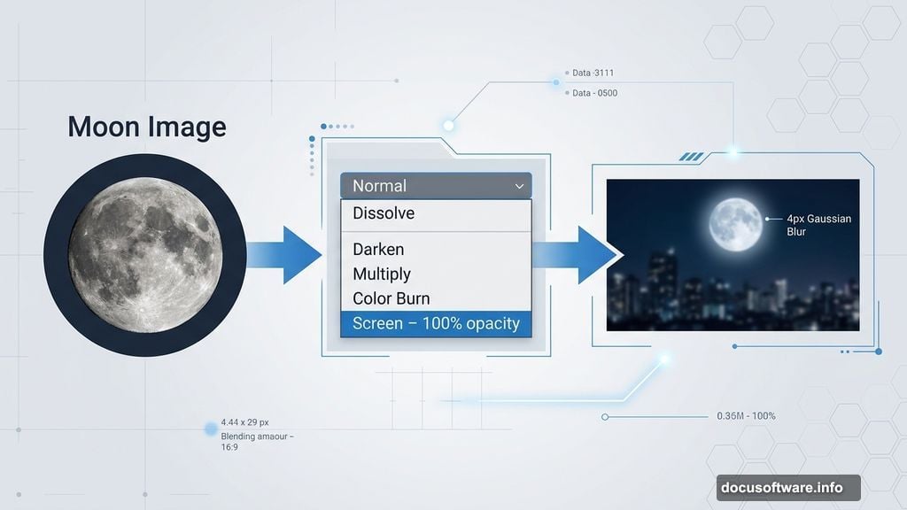 Screen blending mode and Gaussian Blur place glowing moon into scene