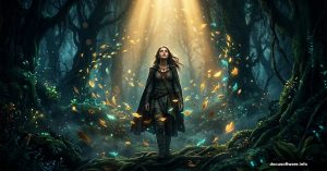 Mysterious woman in glowing forest with dramatic cinematic lighting effects