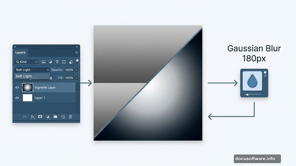 Soft Light blending mode creates dramatic vignette effect in Photoshop