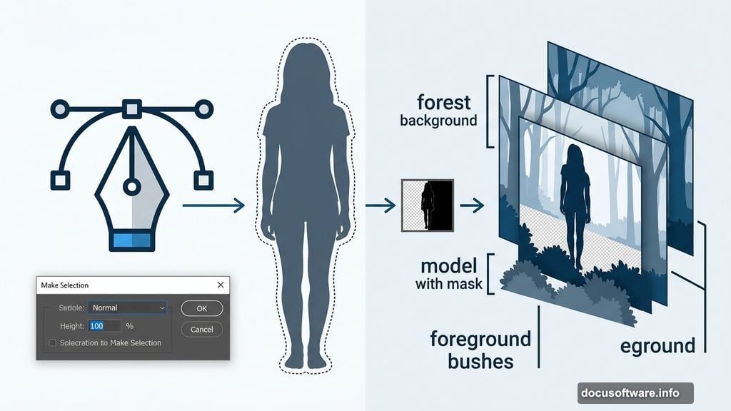 Pen Tool path selection places masked model inside layered forest scene