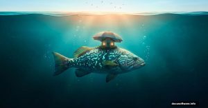 Giant fish carrying umbrella house in dreamlike underwater Photoshop scene