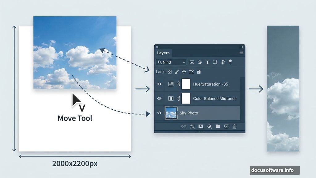 Sky base layer with Hue/Saturation and Color Balance clipping masks applied