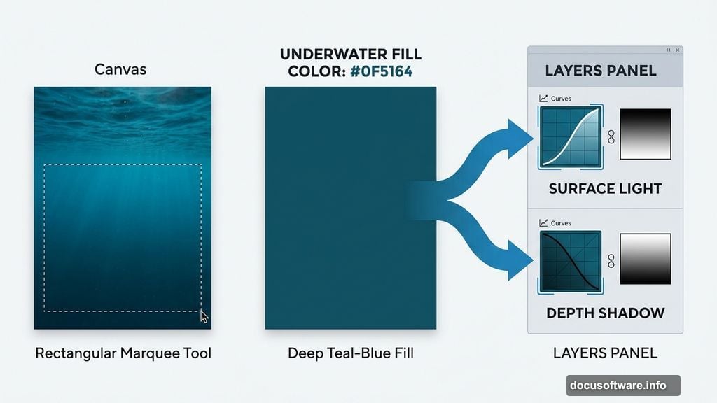 Underwater teal fill layer shaped with two Curves adjustment layers