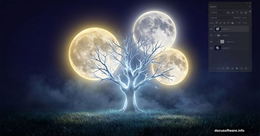 Surreal glowing tree surrounded by multiple luminous moons at night