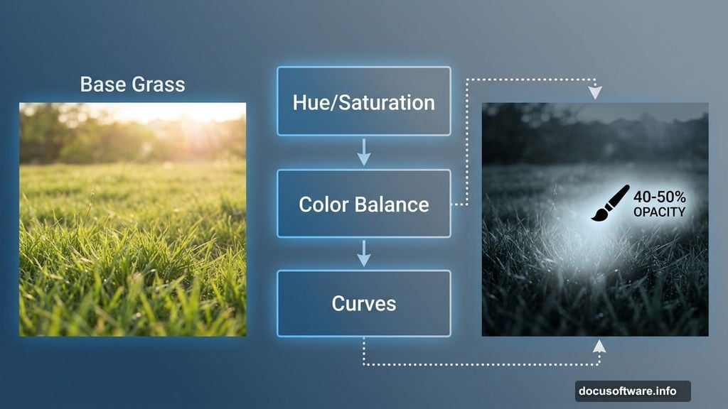 Hue/Saturation and Curves adjustment layers clipped to grass layer