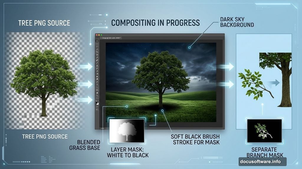 Tree with transparent background blended using layer mask in Photoshop