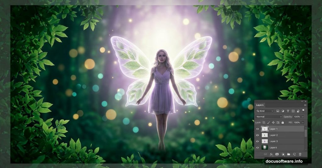 Glowing fairy with butterfly wings in enchanted forest Photoshop manipulation
