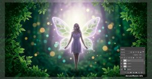 Glowing fairy with butterfly wings in enchanted forest Photoshop manipulation