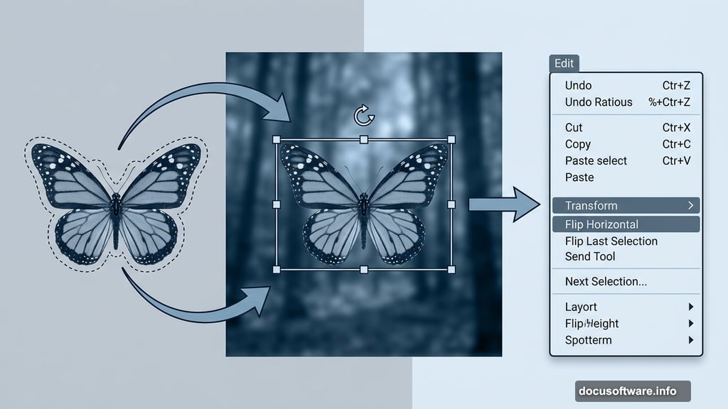 Lasso Tool selection and Free Transform rotating butterfly horizontally in Photoshop