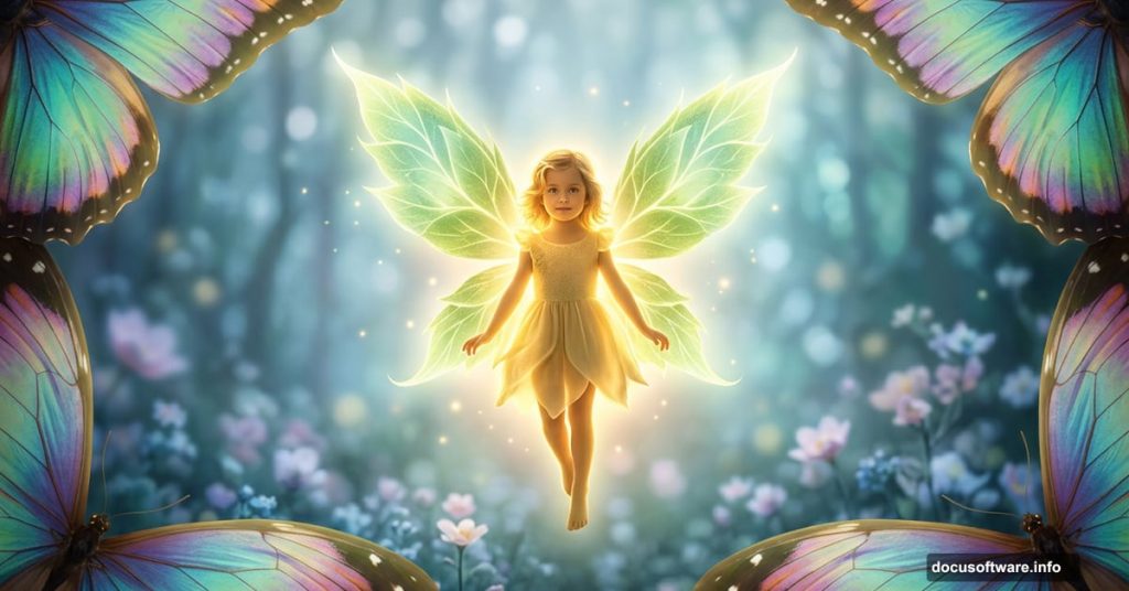 Glowing fantasy fairy with leaf wings in enchanted forest scene