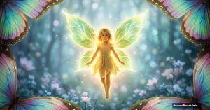 Glowing fantasy fairy with leaf wings in enchanted forest scene
