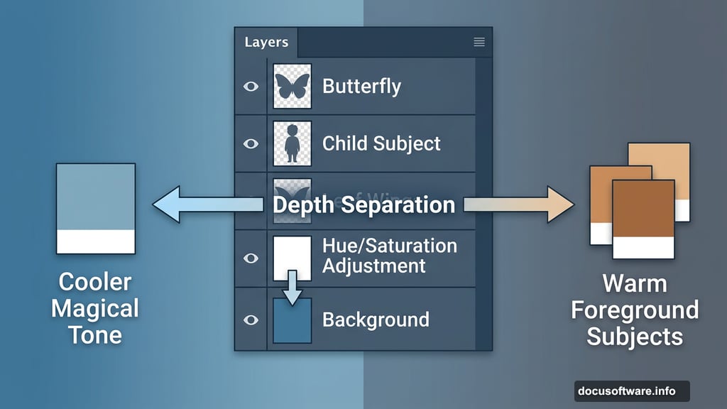 Hue/Saturation clipping mask separates cool background from warm foreground subjects
