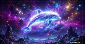 Glowing fantasy dolphin soaring through a vibrant cosmic nebula landscape