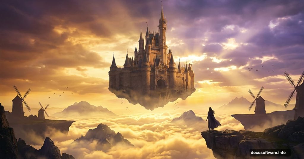Floating fantasy castle above golden clouds with windmills and mountains