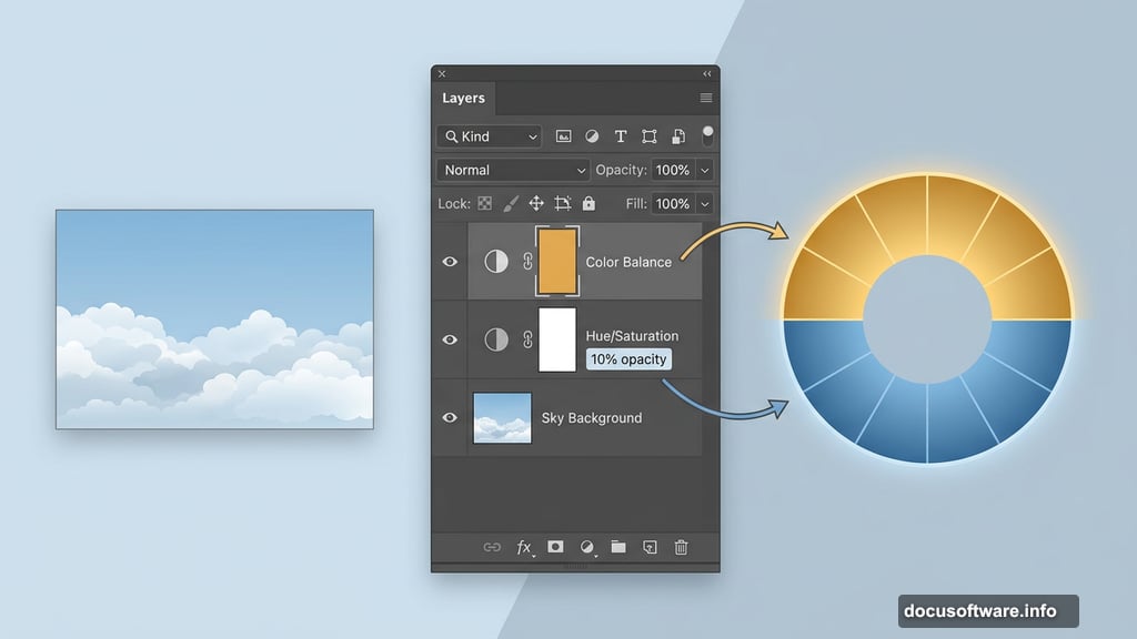 Color Balance and Hue Saturation adjustment layers setting fantasy scene mood