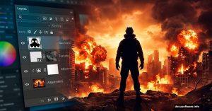 Gas mask figure silhouetted against fiery burning city war scene