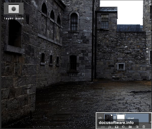 Changing city layer blending mode from Normal to Multiply in Photoshop