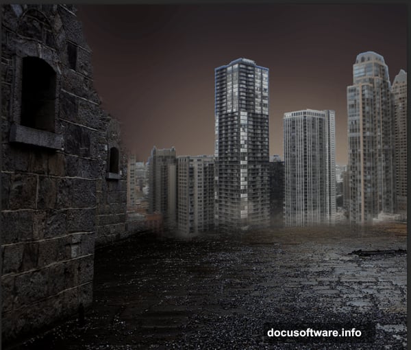 Blending fire and explosion stock images realistically into city scene