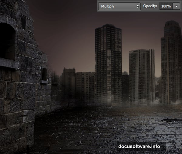 Applying cinematic warm color grade to finish the post-apocalyptic scene