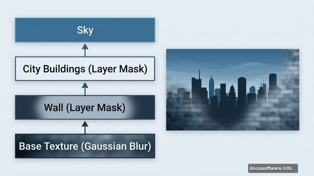 Compositing city buildings and wall using Photoshop layer masks