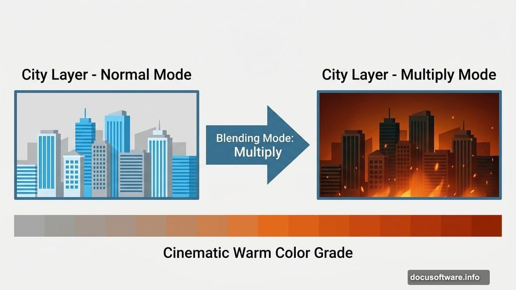 Multiply blending mode and cinematic warm color grade in Photoshop