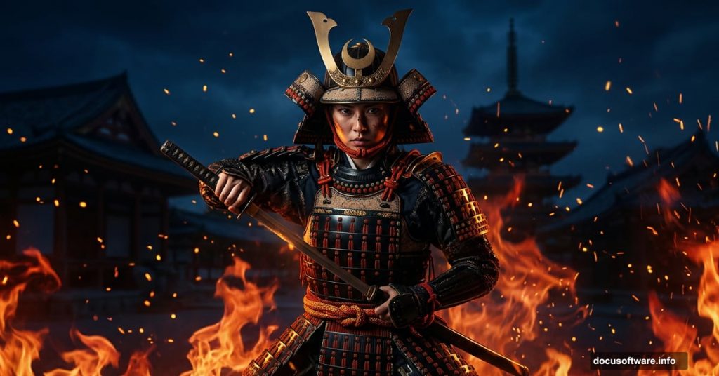 Female samurai warrior surrounded by fire against dark temple background