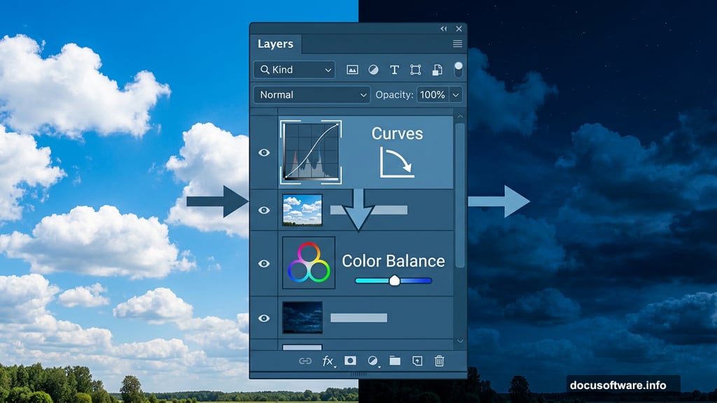 Curves and Color Balance adjustment layers create moody nighttime sky